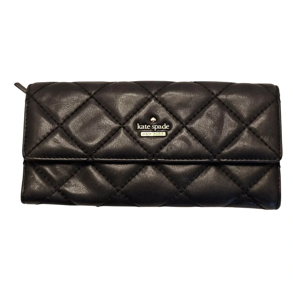 Kate Spade New York Black Quilted Leather Continental Wallet Gold Hardware